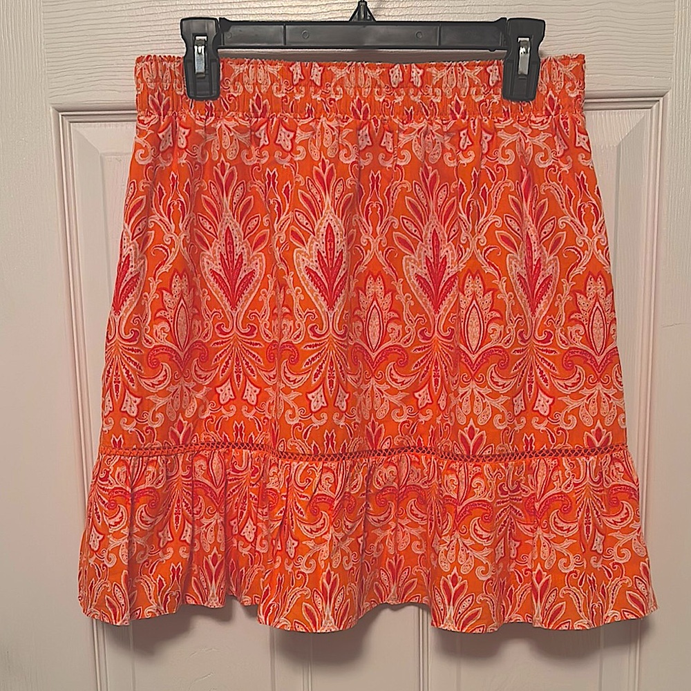 LOFT Orange and White Boho Print Mini Skirt w/ Elastic Waist Size Medium